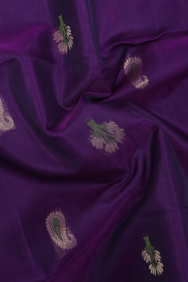 Kora Silk Cotton Saree In Deep Purple With Paisley Design
