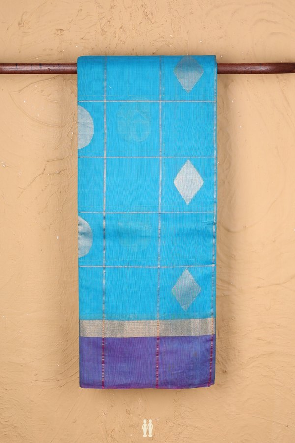 Kora Silk Cotton Saree In Deep Sky Blue With Checks Design