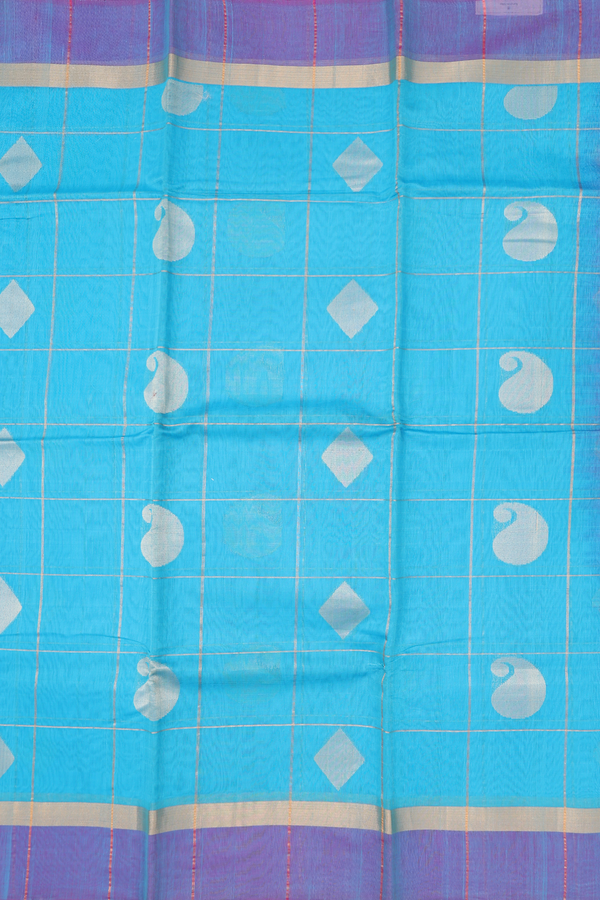 Kora Silk Cotton Saree In Deep Sky Blue With Checks Design