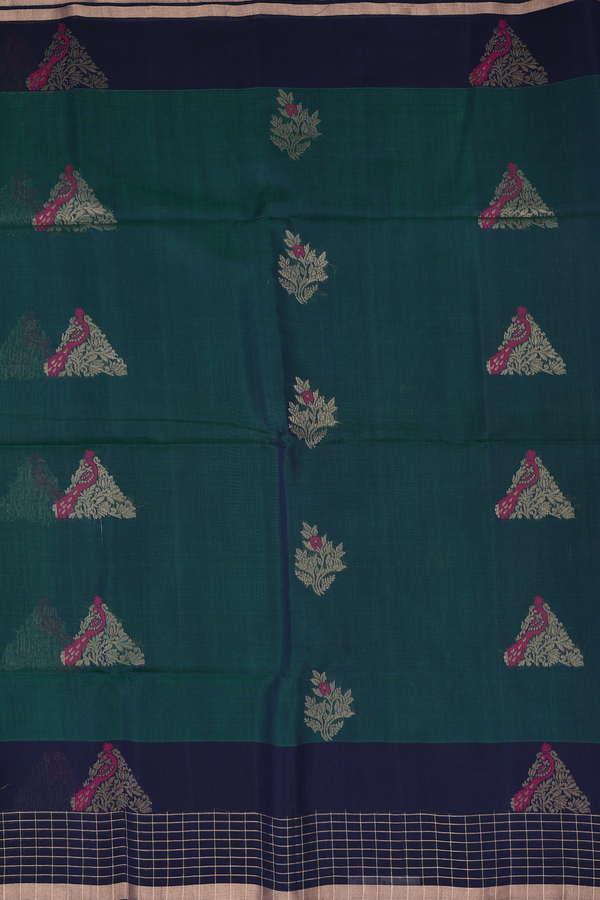 Kora Silk Cotton Saree In Dual Tone With Peacock Design
