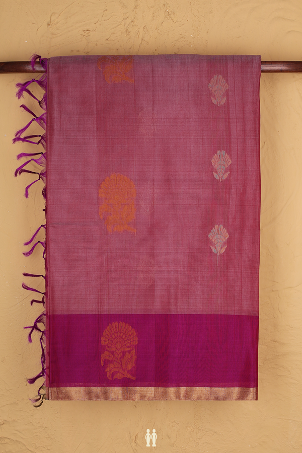 Kora Silk Cotton Saree In Dusty Pink With Floral Buttas