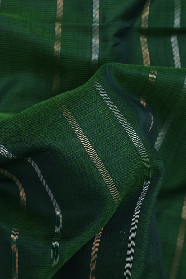 Kora Silk Cotton Saree In Emerald Green With Stripes Design
