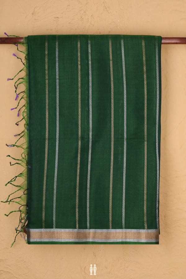Kora Silk Cotton Saree In Emerald Green With Stripes Design