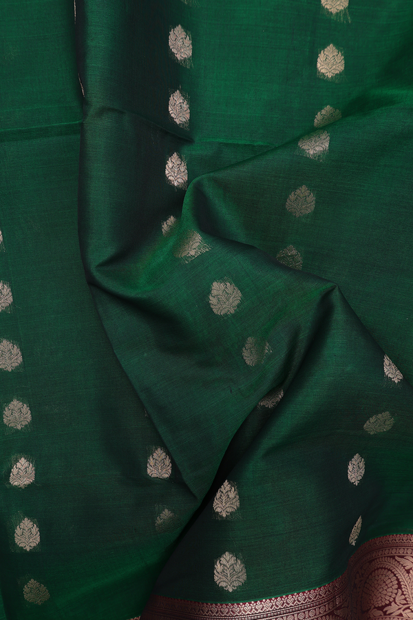 Kora Silk Cotton Saree In Emerald Green With Zari Buttas
