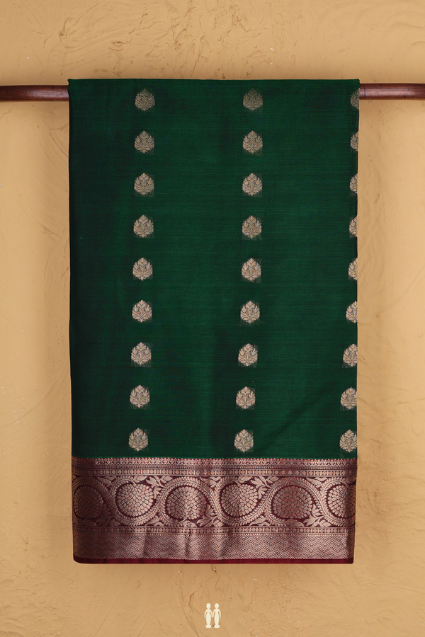 Kora Silk Cotton Saree In Emerald Green With Zari Buttas