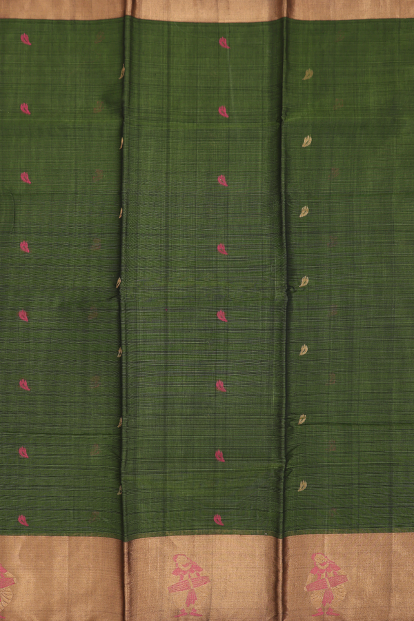 Kora Silk Cotton Saree In Fern Green With Allover Buttas