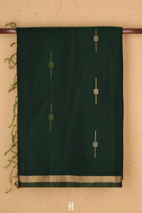 Kora Silk Cotton Saree In Forest Green With Floral Buttas