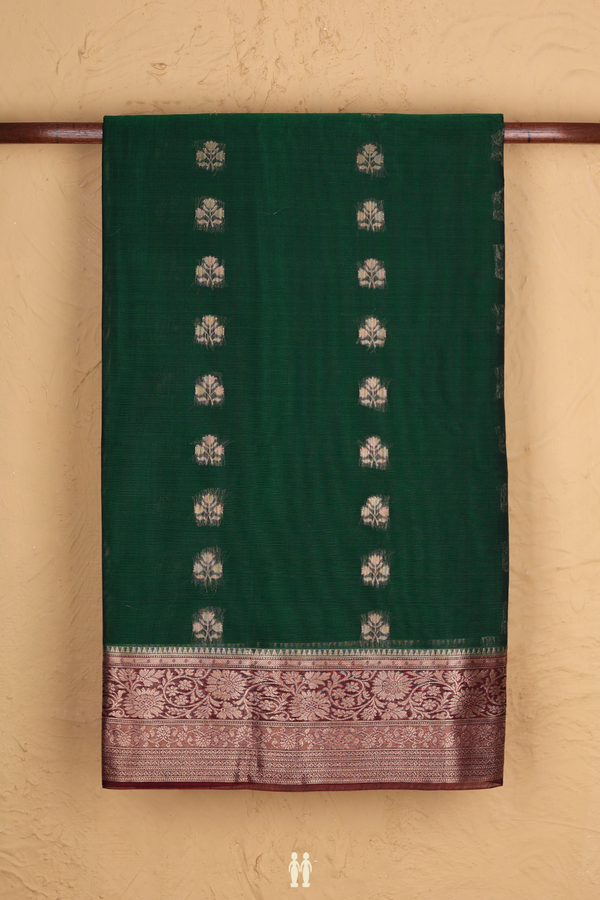 Kora Silk Cotton Saree In Forest Green With Floral Buttas