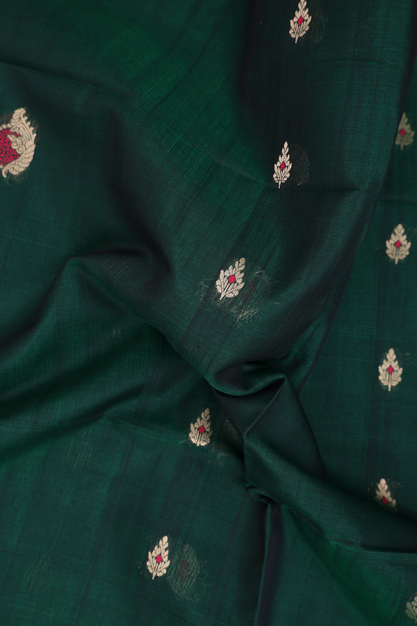 Kora Silk Cotton Saree In Forest Green With Floral Buttas