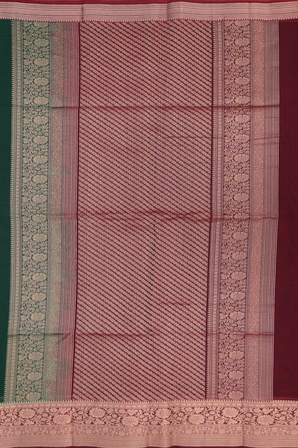 Kora Silk Cotton Saree In Forest Green With Floral Buttas