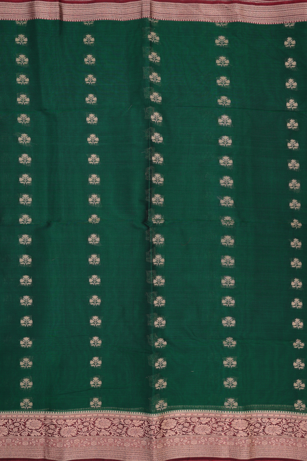 Kora Silk Cotton Saree In Forest Green With Floral Buttas