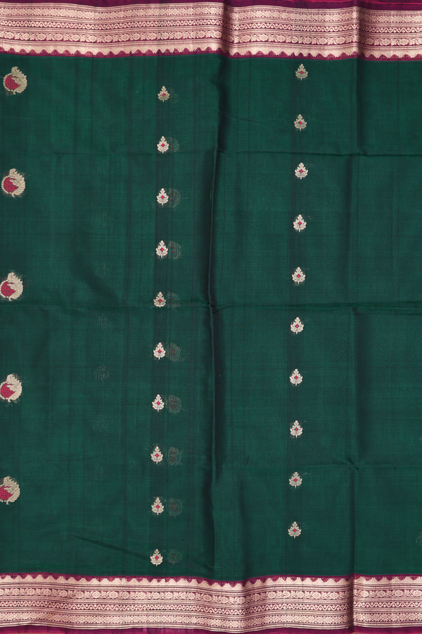 Kora Silk Cotton Saree In Forest Green With Floral Buttas