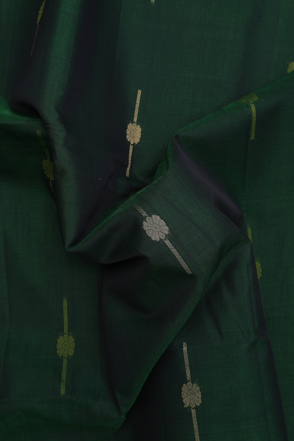 Kora Silk Cotton Saree In Forest Green With Floral Buttas