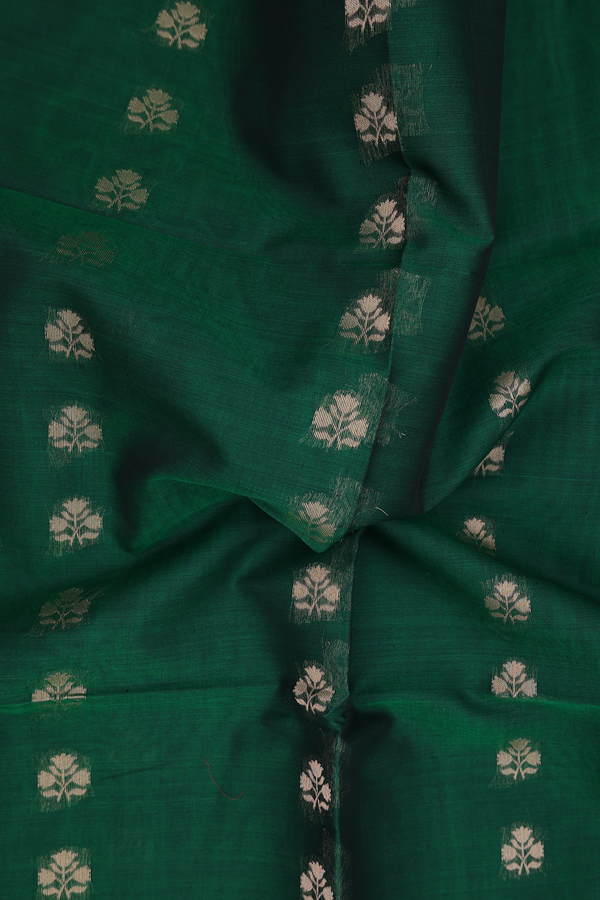 Kora Silk Cotton Saree In Forest Green With Floral Buttas