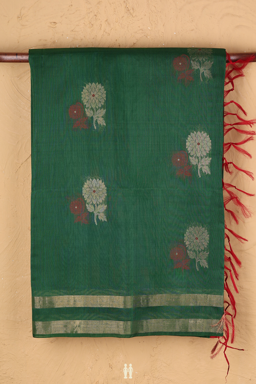 Kora Silk Cotton Saree In Forest Green With Floral Motifs