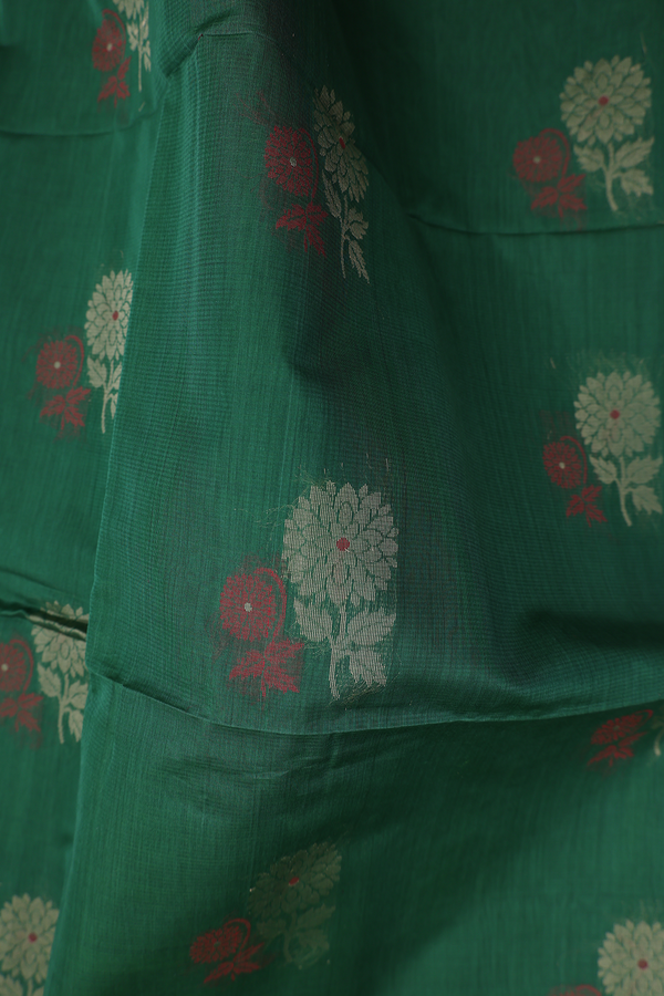 Kora Silk Cotton Saree In Forest Green With Floral Motifs