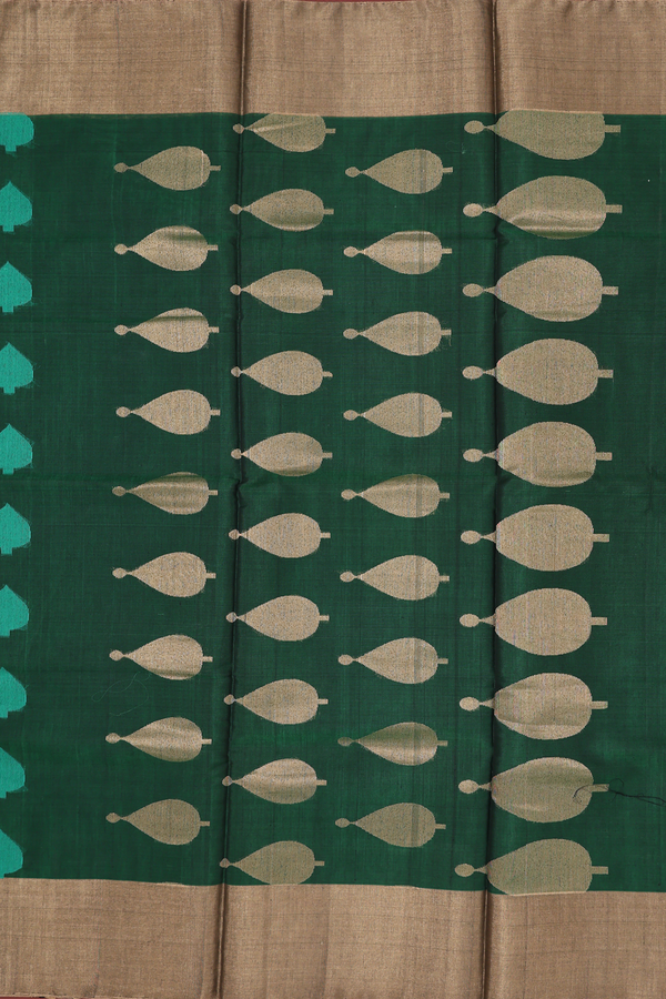 Kora Silk Cotton Saree In Forest Green With Leaf Buttas