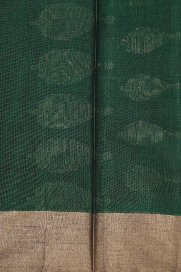 Kora Silk Cotton Saree In Forest Green With Leaf Buttas