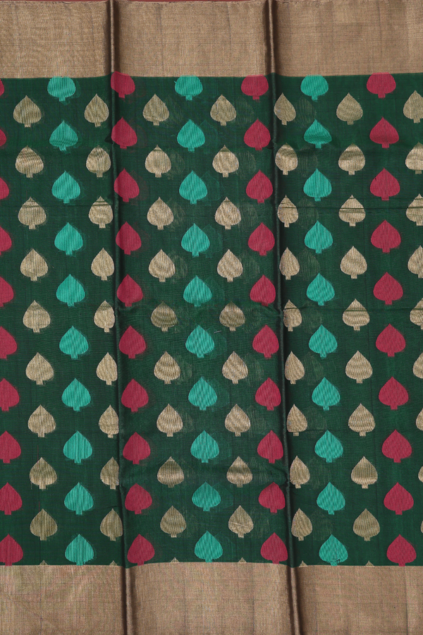 Kora Silk Cotton Saree In Forest Green With Leaf Buttas