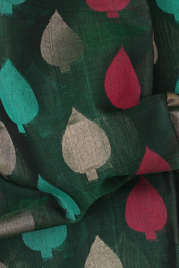 Kora Silk Cotton Saree In Forest Green With Leaf Buttas