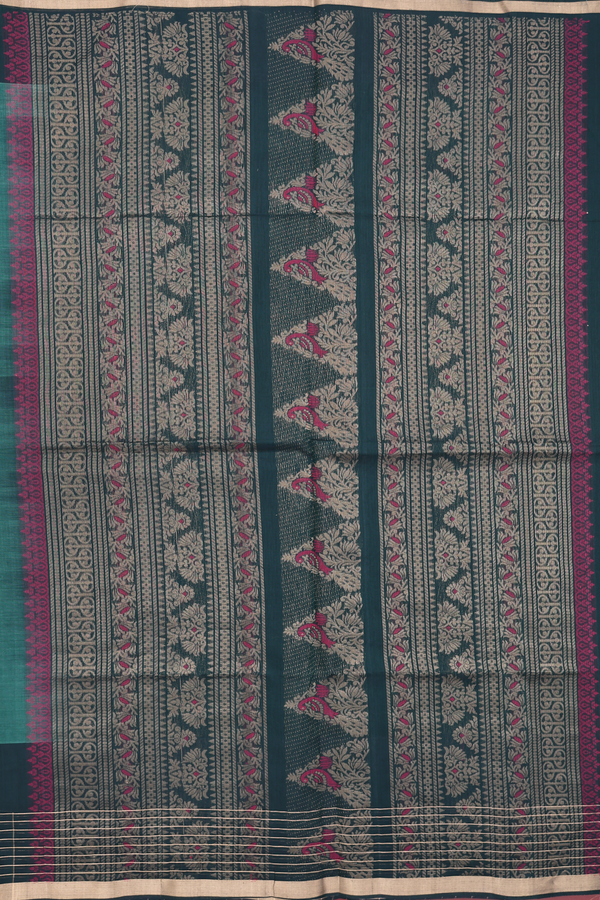 Kora Silk Cotton Saree In Forest Green With Peacock Design