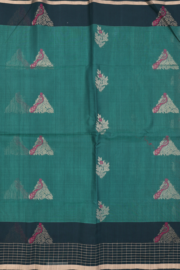 Kora Silk Cotton Saree In Forest Green With Peacock Design