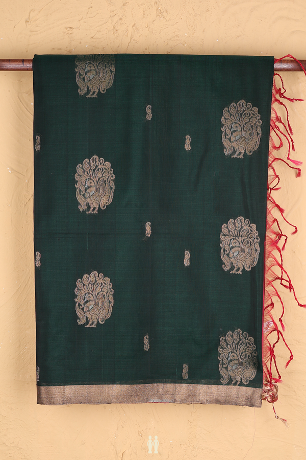 Kora Silk Cotton Saree In Forest Green With Peacock Motifs