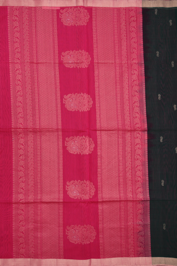Kora Silk Cotton Saree In Forest Green With Peacock Motifs