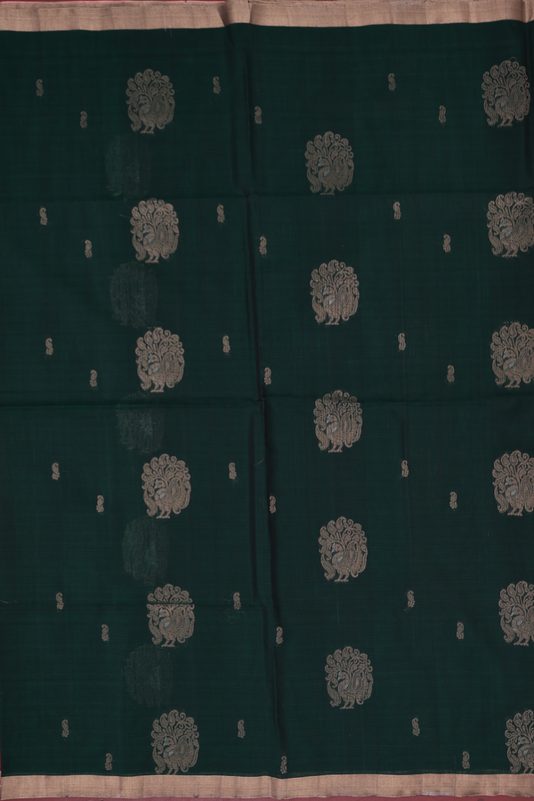 Kora Silk Cotton Saree In Forest Green With Peacock Motifs