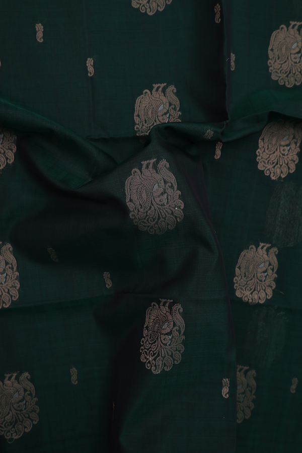 Kora Silk Cotton Saree In Forest Green With Peacock Motifs