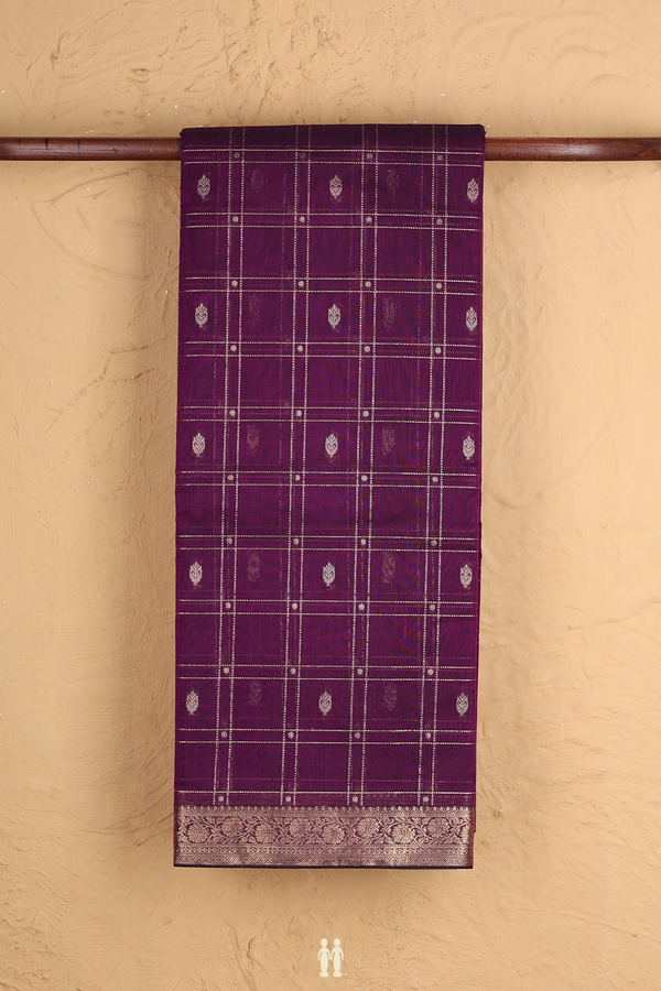 Kora Silk Cotton Saree In Grape Purple With Checks Design