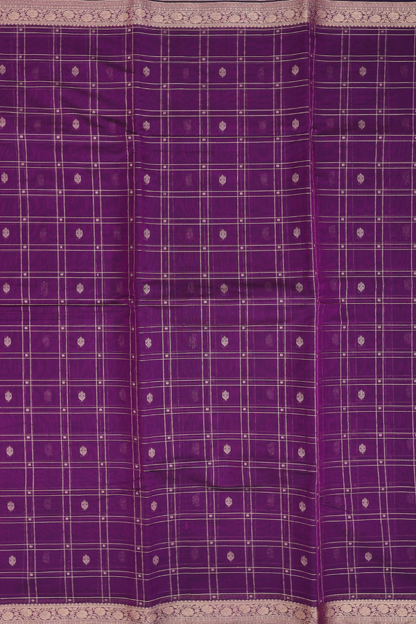 Kora Silk Cotton Saree In Grape Purple With Checks Design