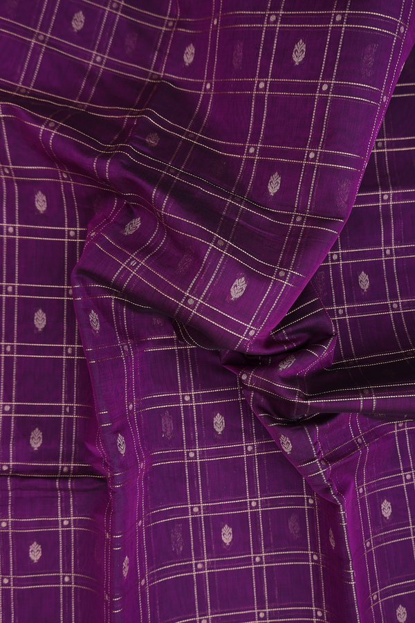 Kora Silk Cotton Saree In Grape Purple With Checks Design