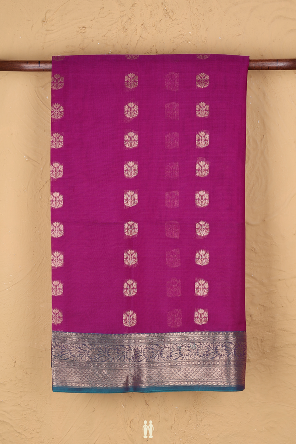 Kora Silk Cotton Saree In Grape Purple With Floral Buttas