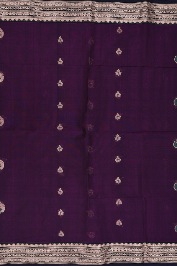 Kora Silk Cotton Saree In Grape Purple With Floral Buttas