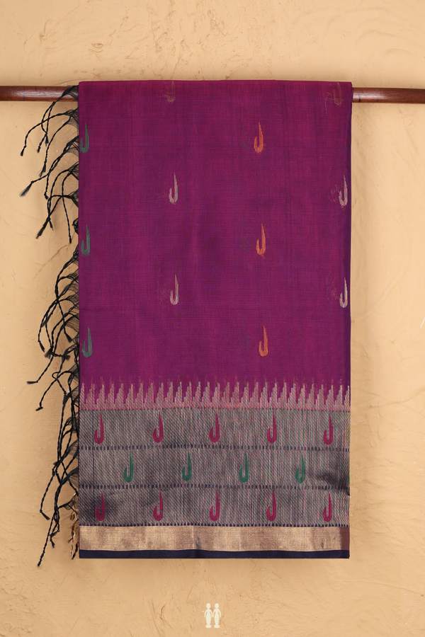 Kora Silk Cotton Saree In Grape Purple With Threadwork Buttas