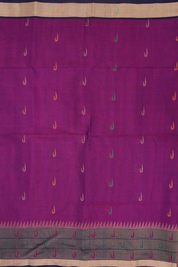 Kora Silk Cotton Saree In Grape Purple With Threadwork Buttas