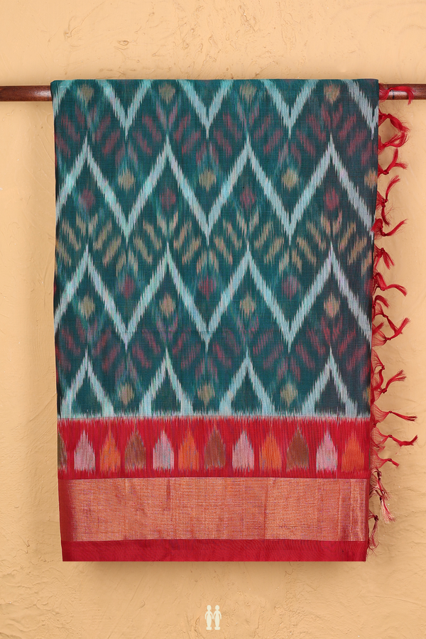 Kora Silk Cotton Saree In Green With Chevron Design