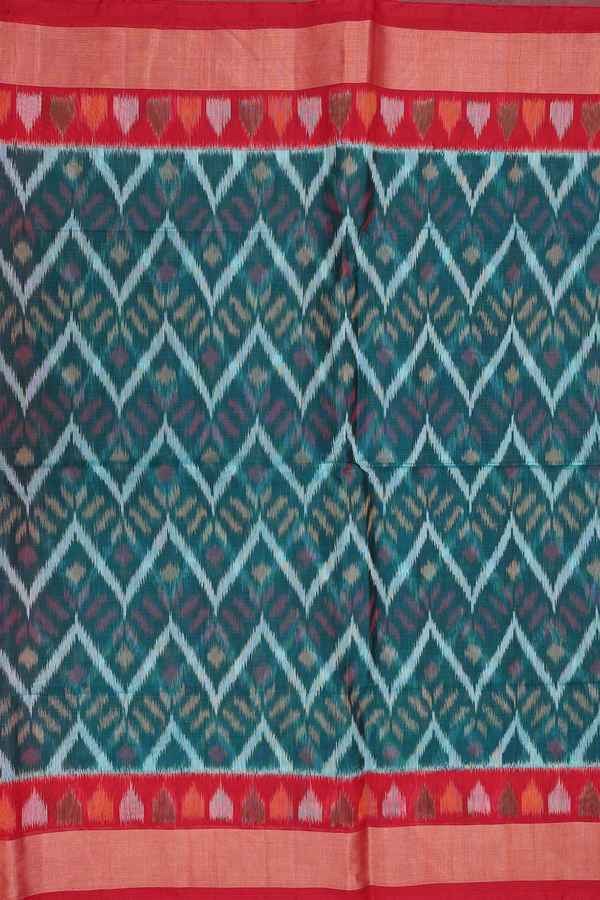 Kora Silk Cotton Saree In Green With Chevron Design