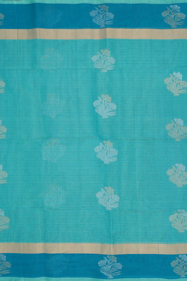 Kora Silk Cotton Saree In Green With Floral Motifs