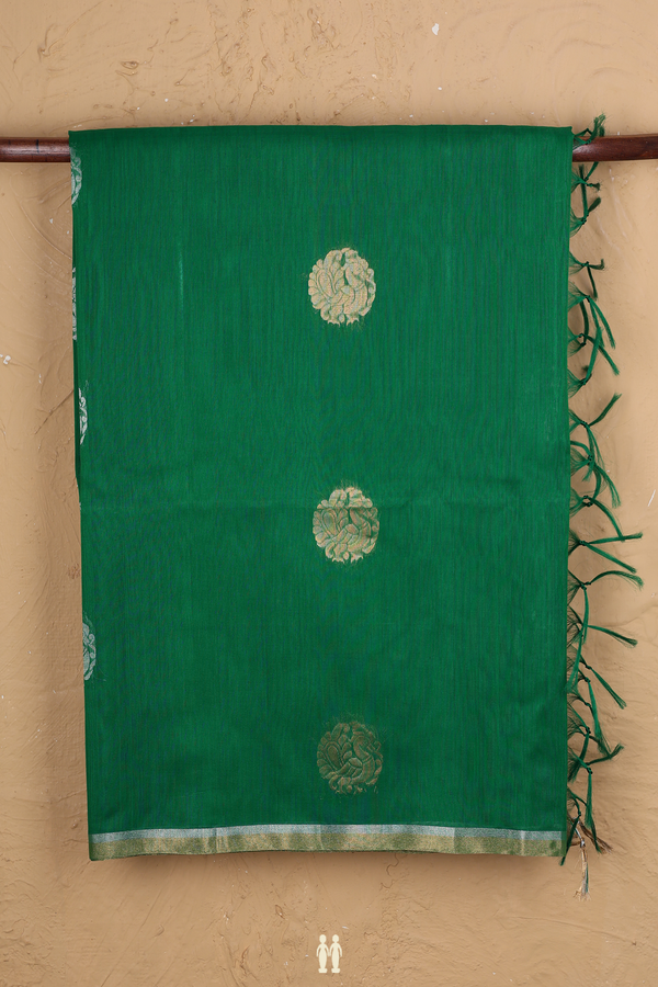 Kora Silk Cotton Saree In Green With Peacock Motifs