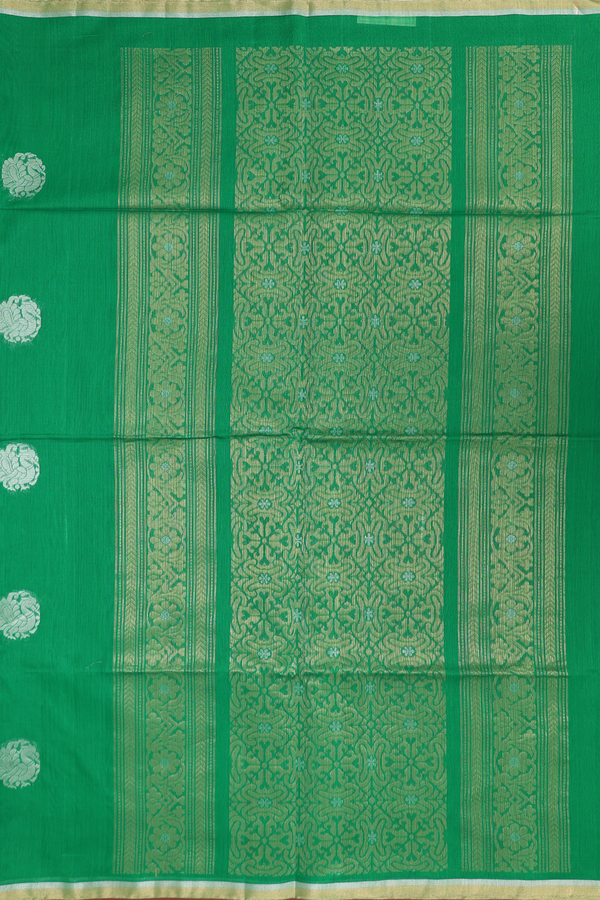 Kora Silk Cotton Saree In Green With Peacock Motifs