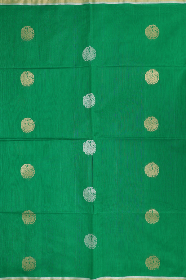 Kora Silk Cotton Saree In Green With Peacock Motifs
