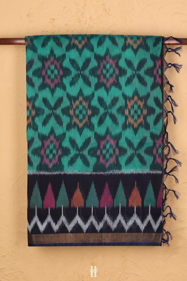 Kora Silk Cotton Saree In Green With Ikat Design
