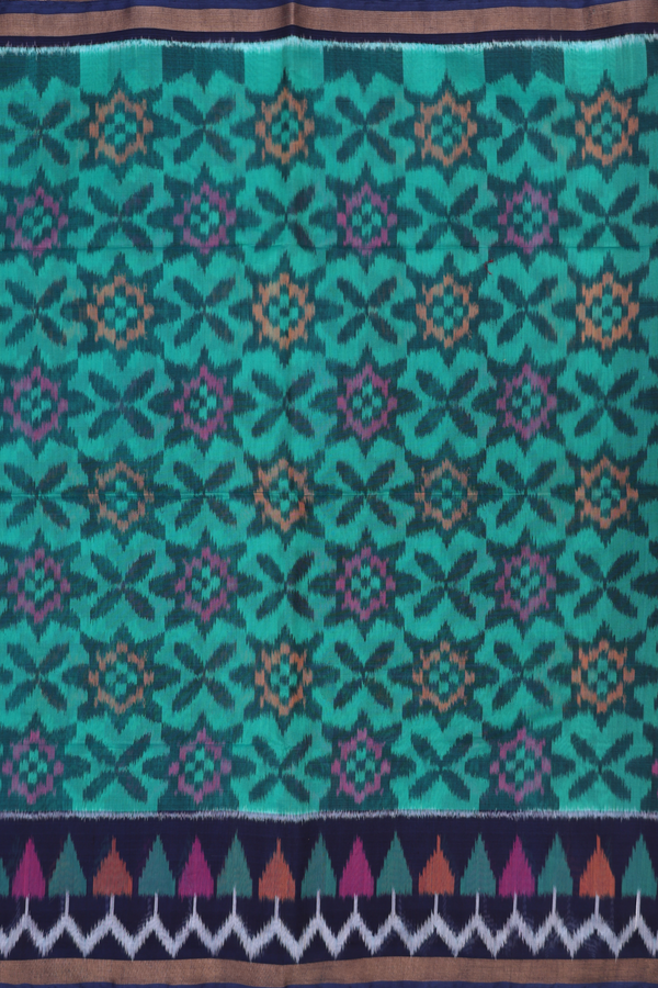 Kora Silk Cotton Saree In Green With Ikat Design