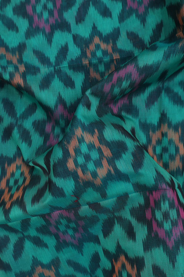 Kora Silk Cotton Saree In Green With Ikat Design