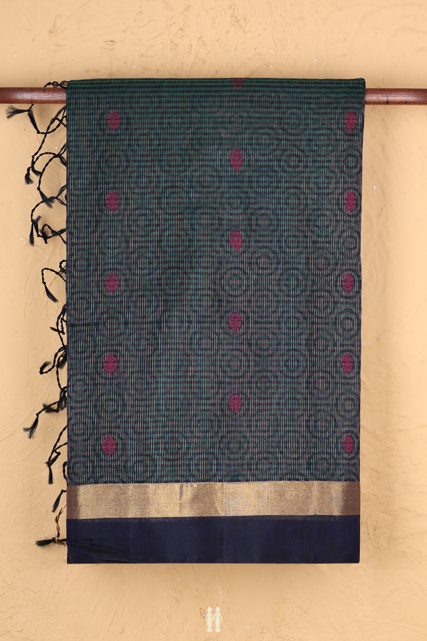 Kora Silk Cotton Saree In Green With Stripes Design