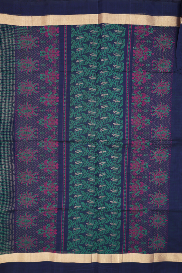 Kora Silk Cotton Saree In Green With Stripes Design