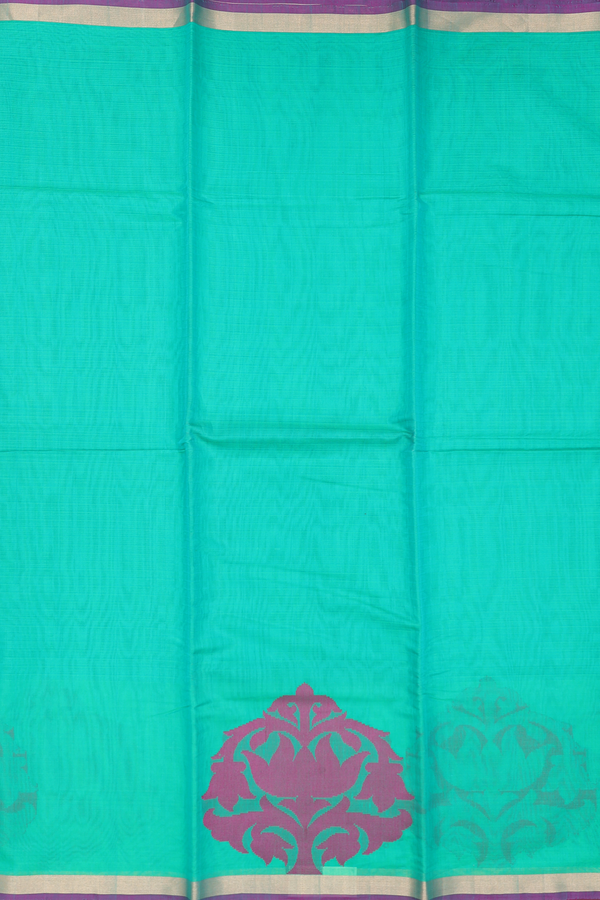 Kora Silk Cotton Saree In Green With Threadwork Design