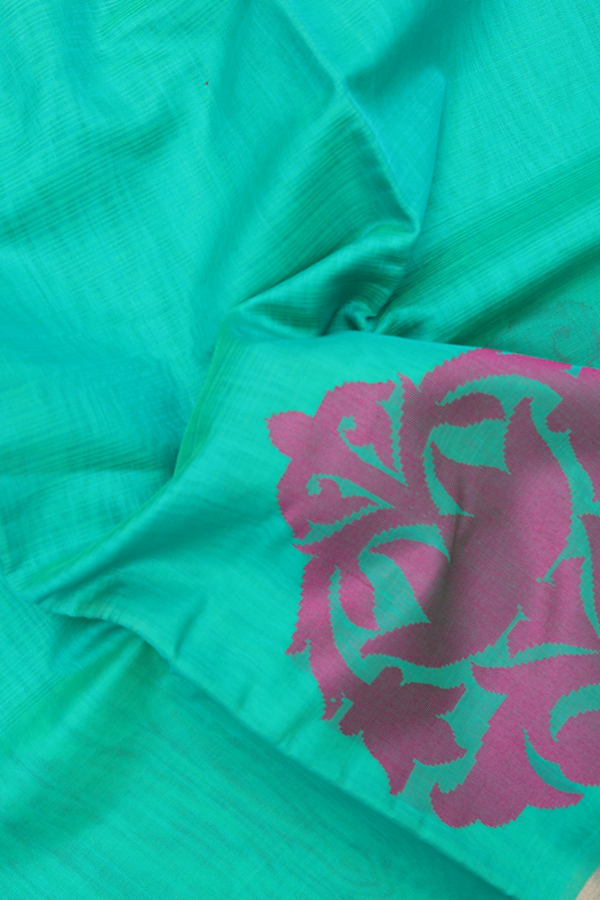 Kora Silk Cotton Saree In Green With Threadwork Design